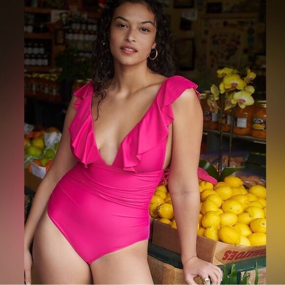 J Crew Radiant Fuchsia Ruffle V-Neck Ruched One Piece Swimsuit Sz 2 NWT - Picture 15 of 16
